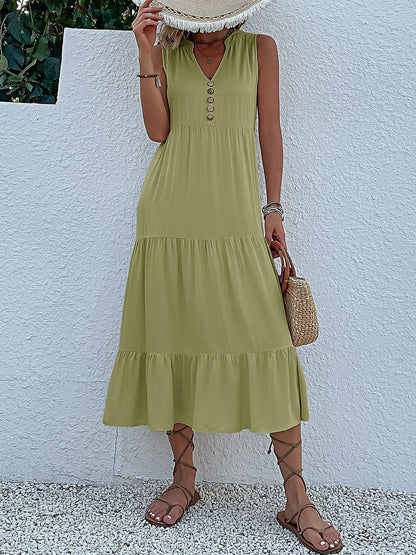 Notch Neck Buttoned Sleeveless Tiered Midi Dress
