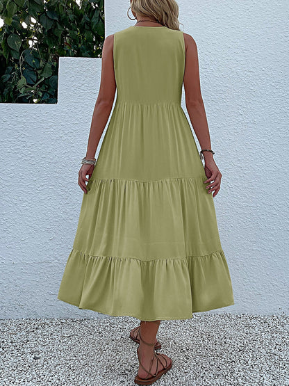Notch Neck Buttoned Sleeveless Tiered Midi Dress