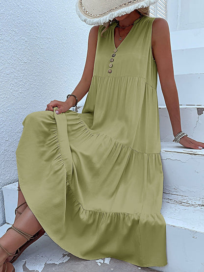 Notch Neck Buttoned Sleeveless Tiered Midi Dress