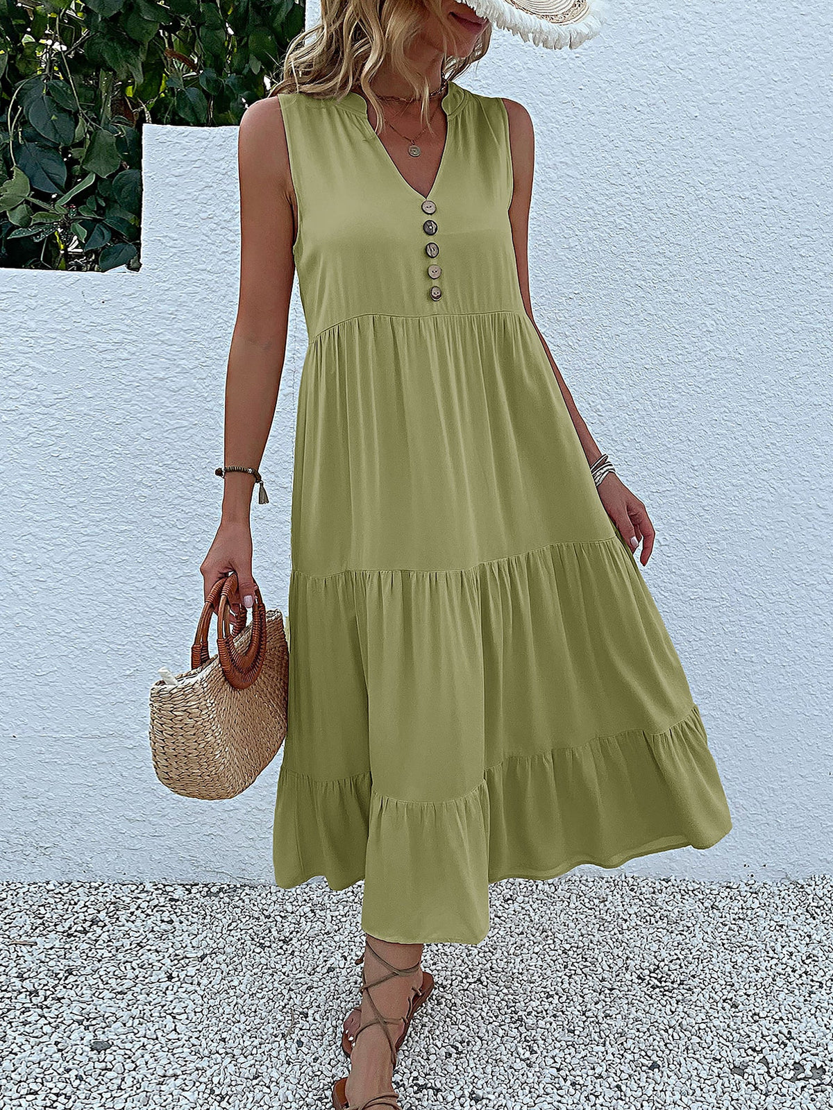 Notch Neck Buttoned Sleeveless Tiered Midi Dress