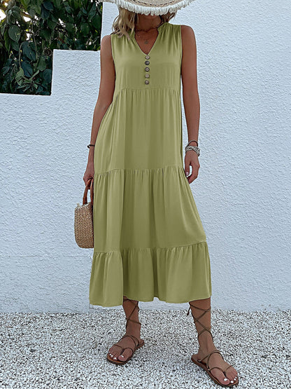 Notch Neck Buttoned Sleeveless Tiered Midi Dress