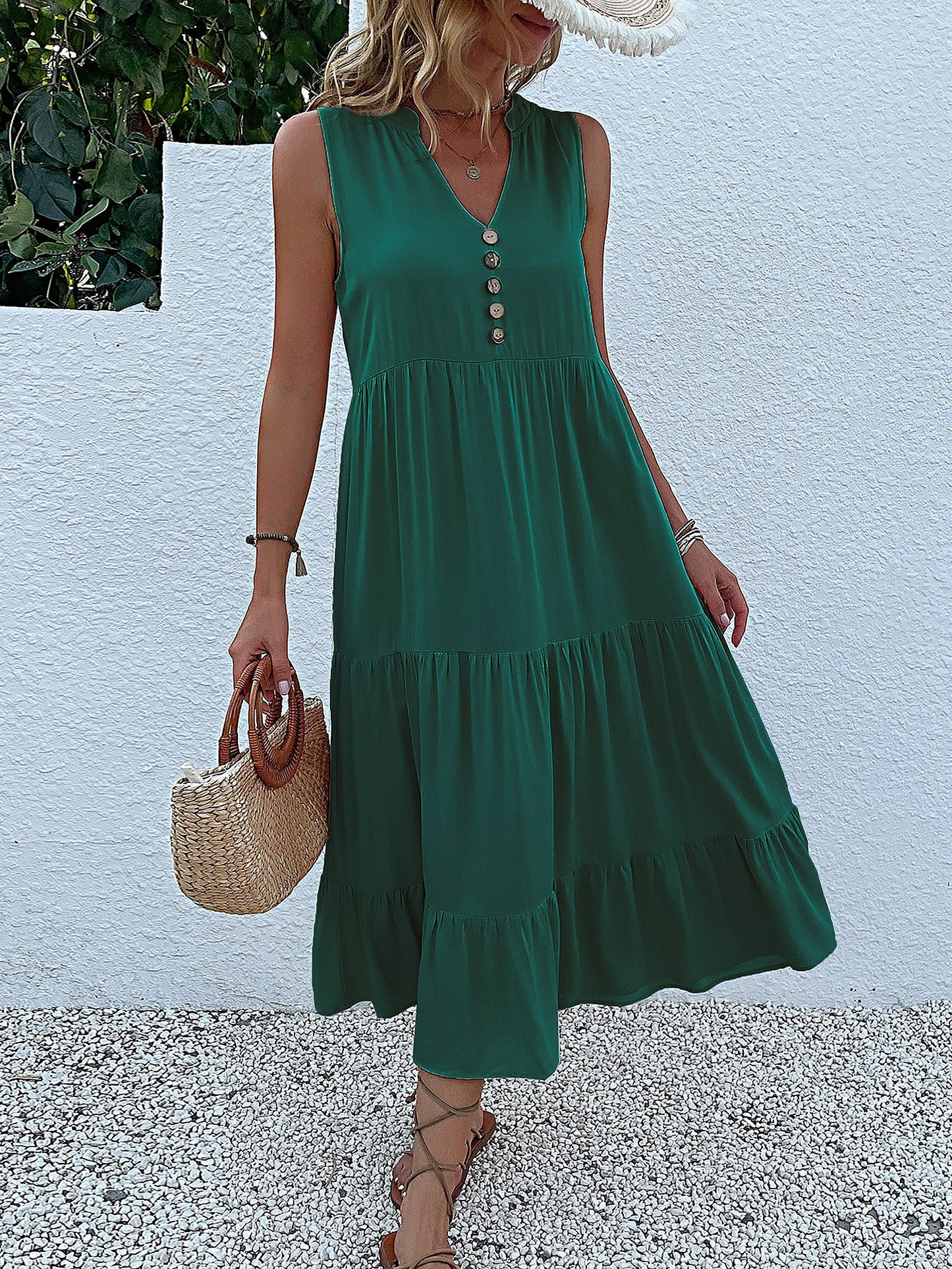 Notch Neck Buttoned Sleeveless Tiered Midi Dress