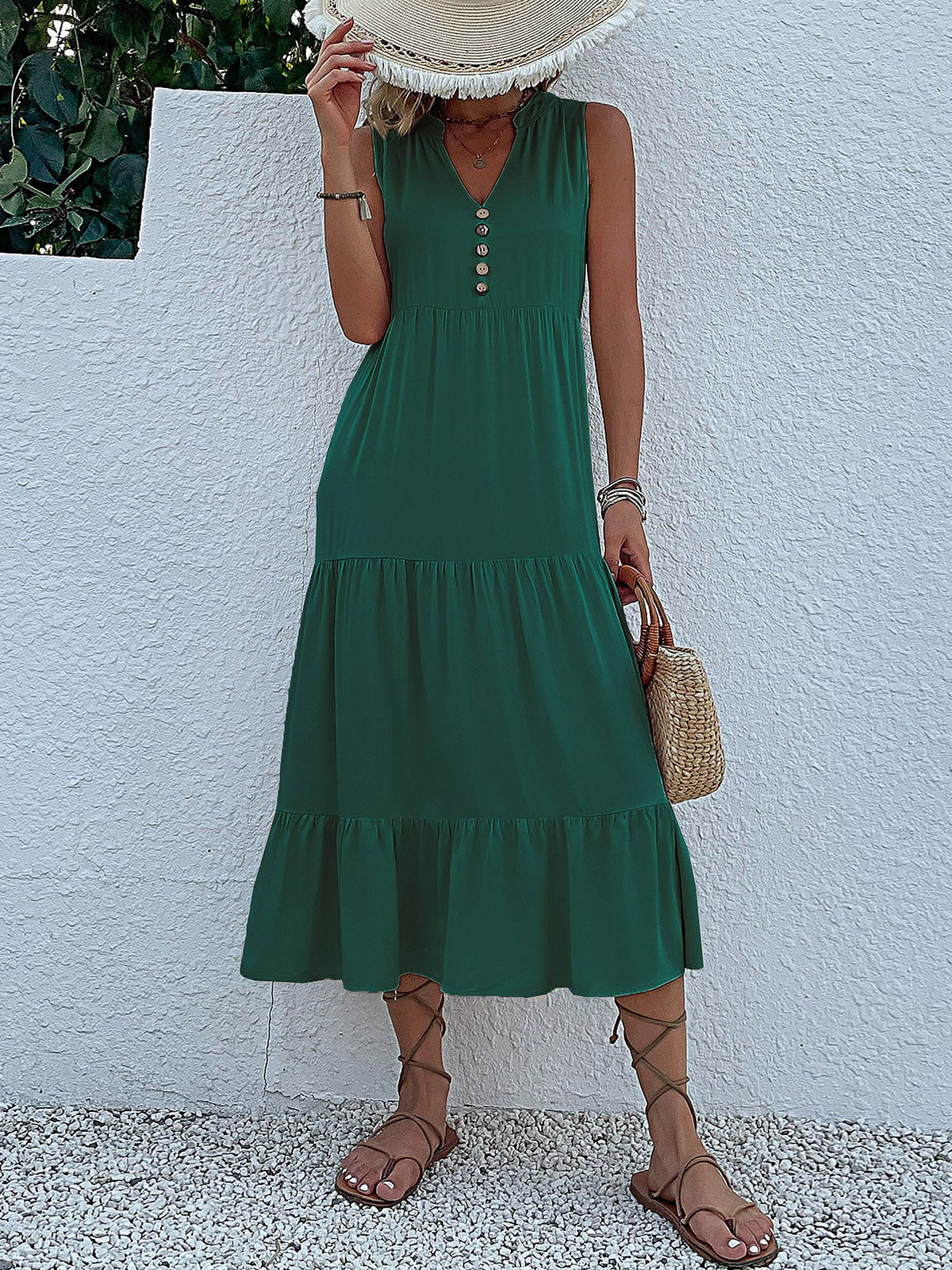Notch Neck Buttoned Sleeveless Tiered Midi Dress