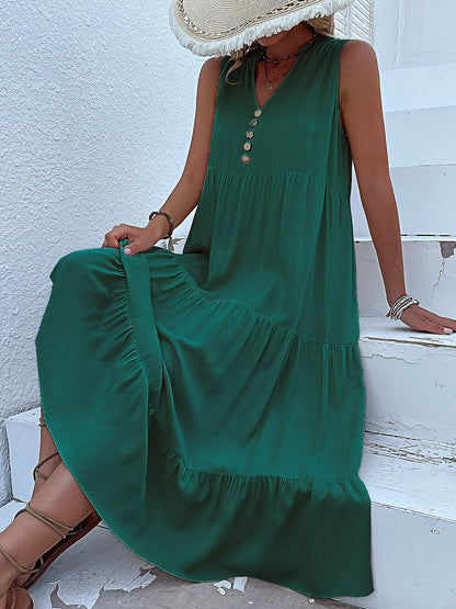 Notch Neck Buttoned Sleeveless Tiered Midi Dress