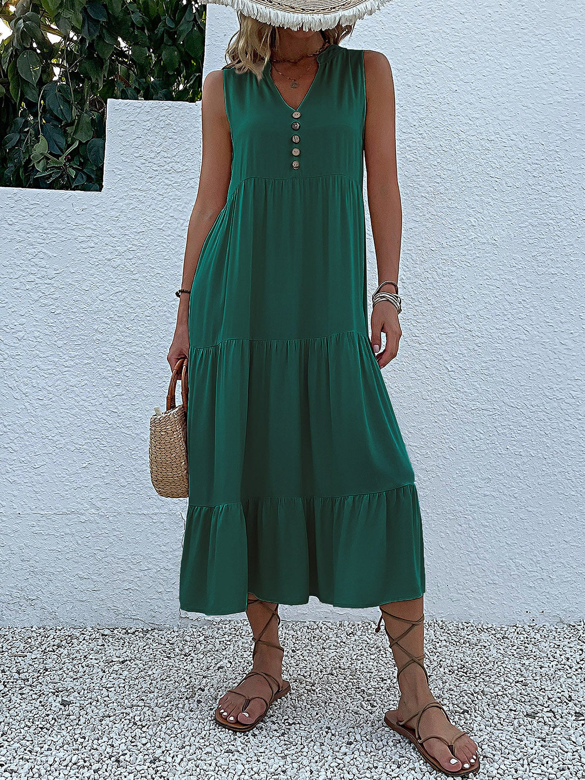 Notch Neck Buttoned Sleeveless Tiered Midi Dress