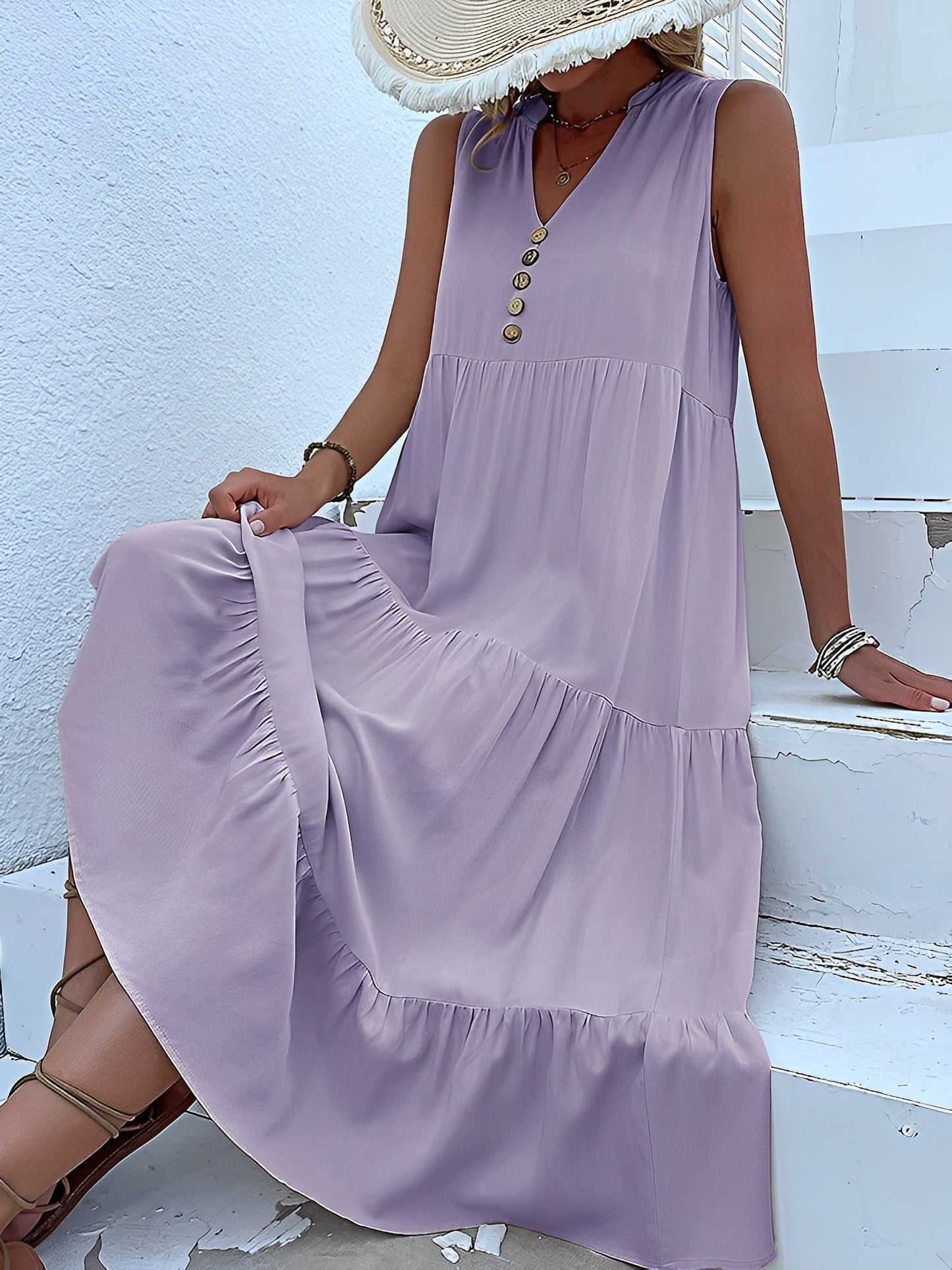 Notch Neck Buttoned Sleeveless Tiered Midi Dress