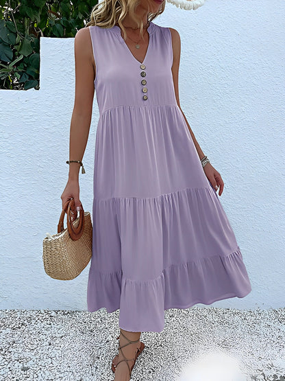 Notch Neck Buttoned Sleeveless Tiered Midi Dress