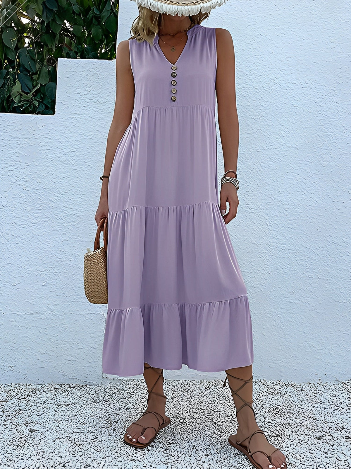Notch Neck Buttoned Sleeveless Tiered Midi Dress
