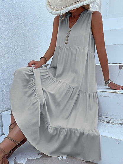 Notch Neck Buttoned Sleeveless Tiered Midi Dress