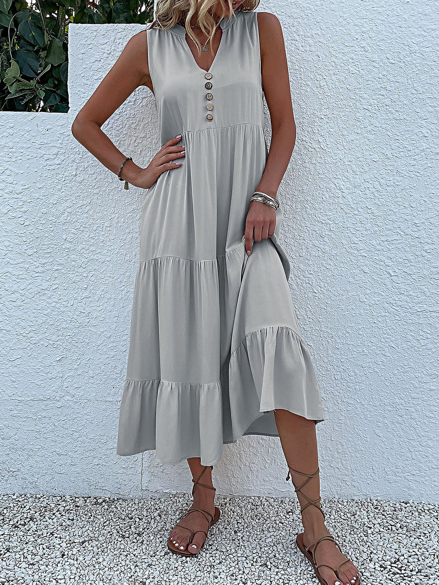 Notch Neck Buttoned Sleeveless Tiered Midi Dress