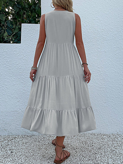 Notch Neck Buttoned Sleeveless Tiered Midi Dress