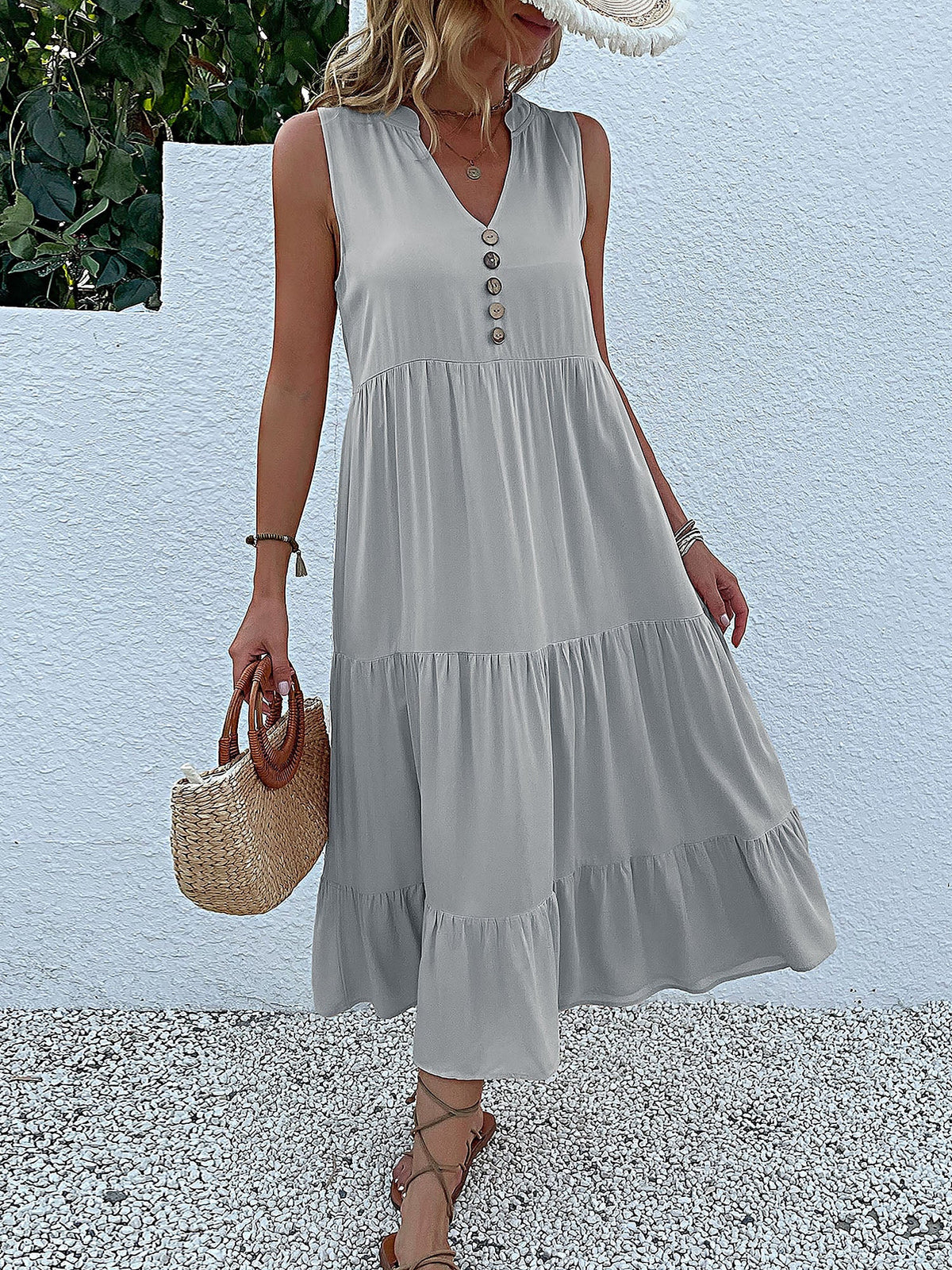 Notch Neck Buttoned Sleeveless Tiered Midi Dress