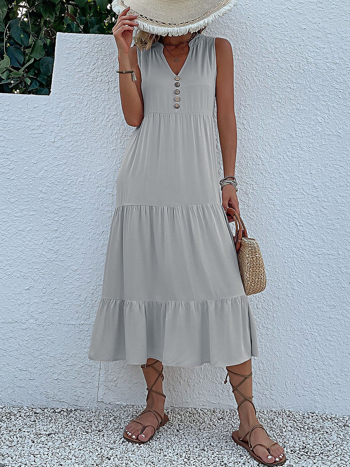 Notch Neck Buttoned Sleeveless Tiered Midi Dress