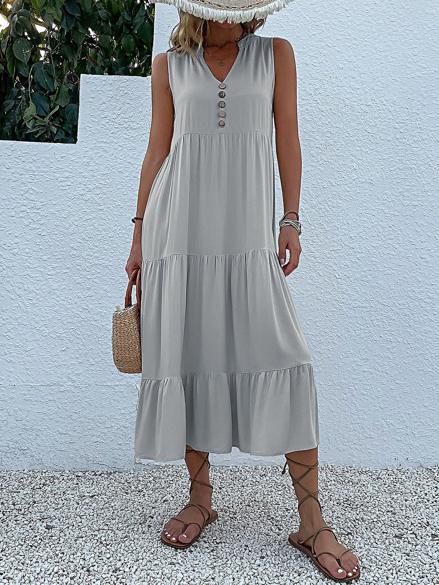 Notch Neck Buttoned Sleeveless Tiered Midi Dress