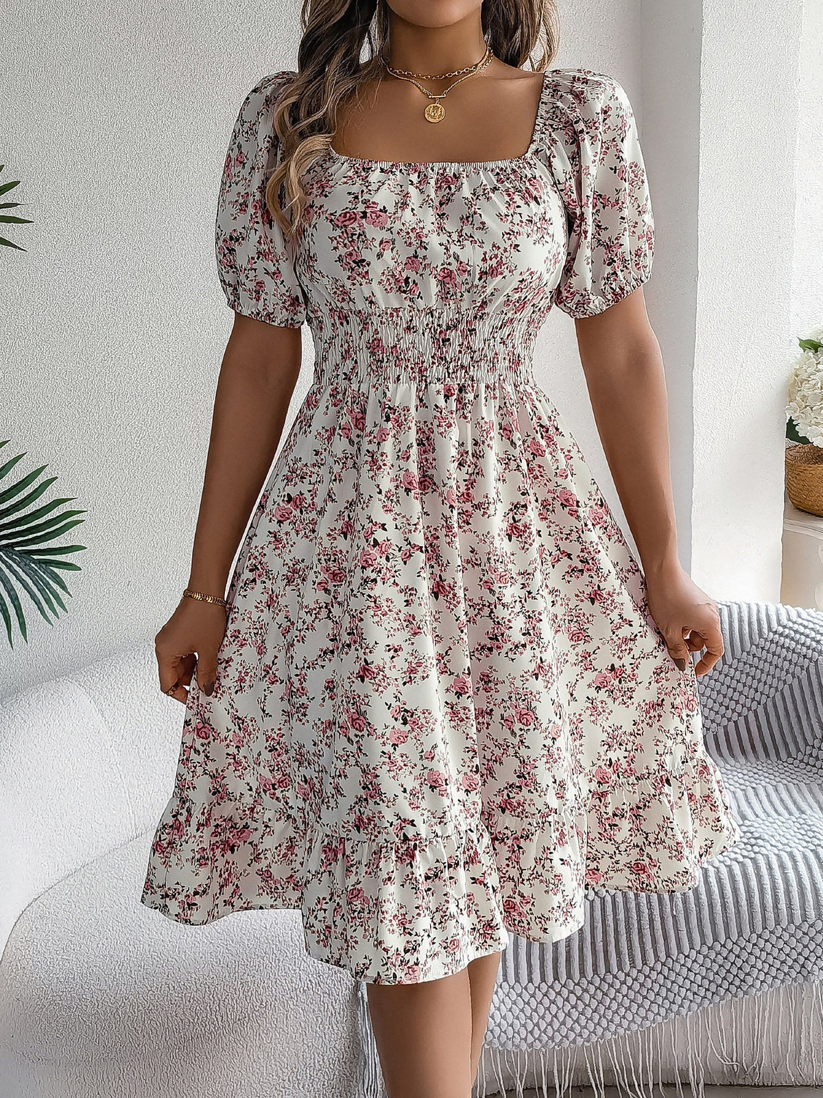 Vintage Floral & Tropical Prints Floral Off Shoulder Puff Sleeves Smocked A-Line Dress