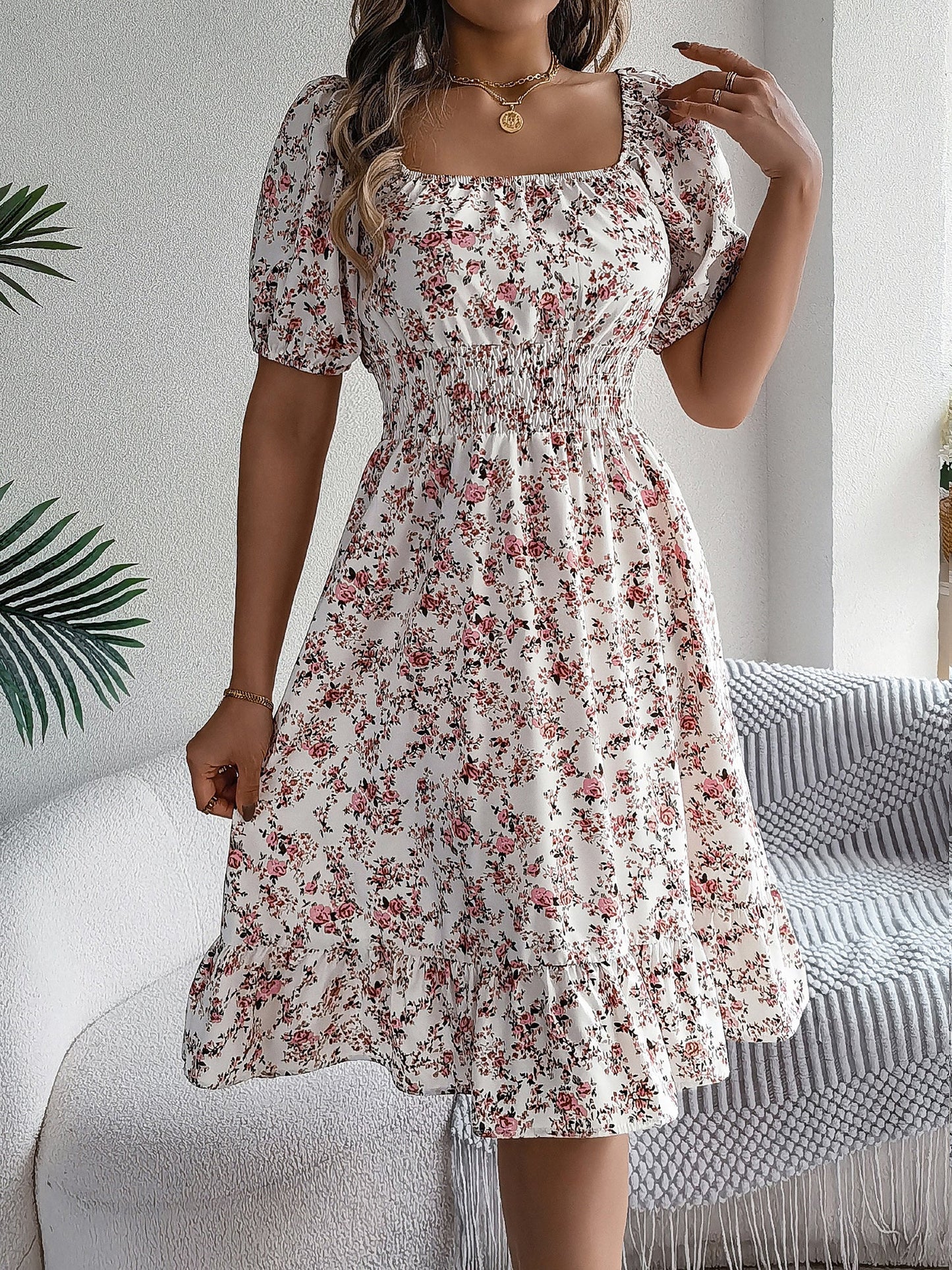 Vintage Floral & Tropical Prints Floral Off Shoulder Puff Sleeves Smocked A-Line Dress
