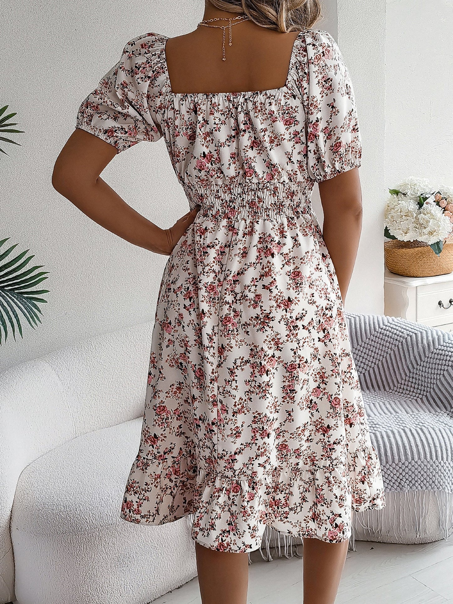 Vintage Floral & Tropical Prints Floral Off Shoulder Puff Sleeves Smocked A-Line Dress