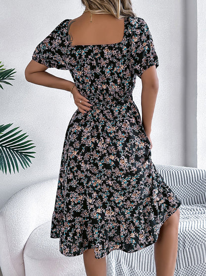 Vintage Floral & Tropical Prints Floral Off Shoulder Puff Sleeves Smocked A-Line Dress