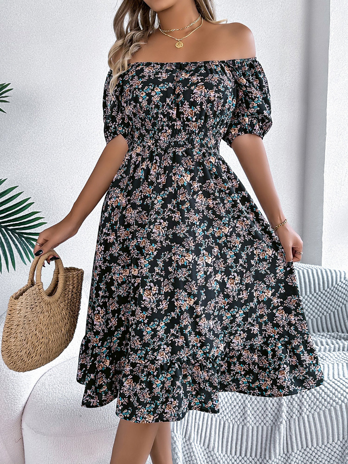 Vintage Floral & Tropical Prints Floral Off Shoulder Puff Sleeves Smocked A-Line Dress