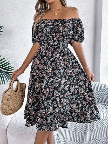 Vintage Floral & Tropical Prints Floral Off Shoulder Puff Sleeves Smocked A-Line Dress