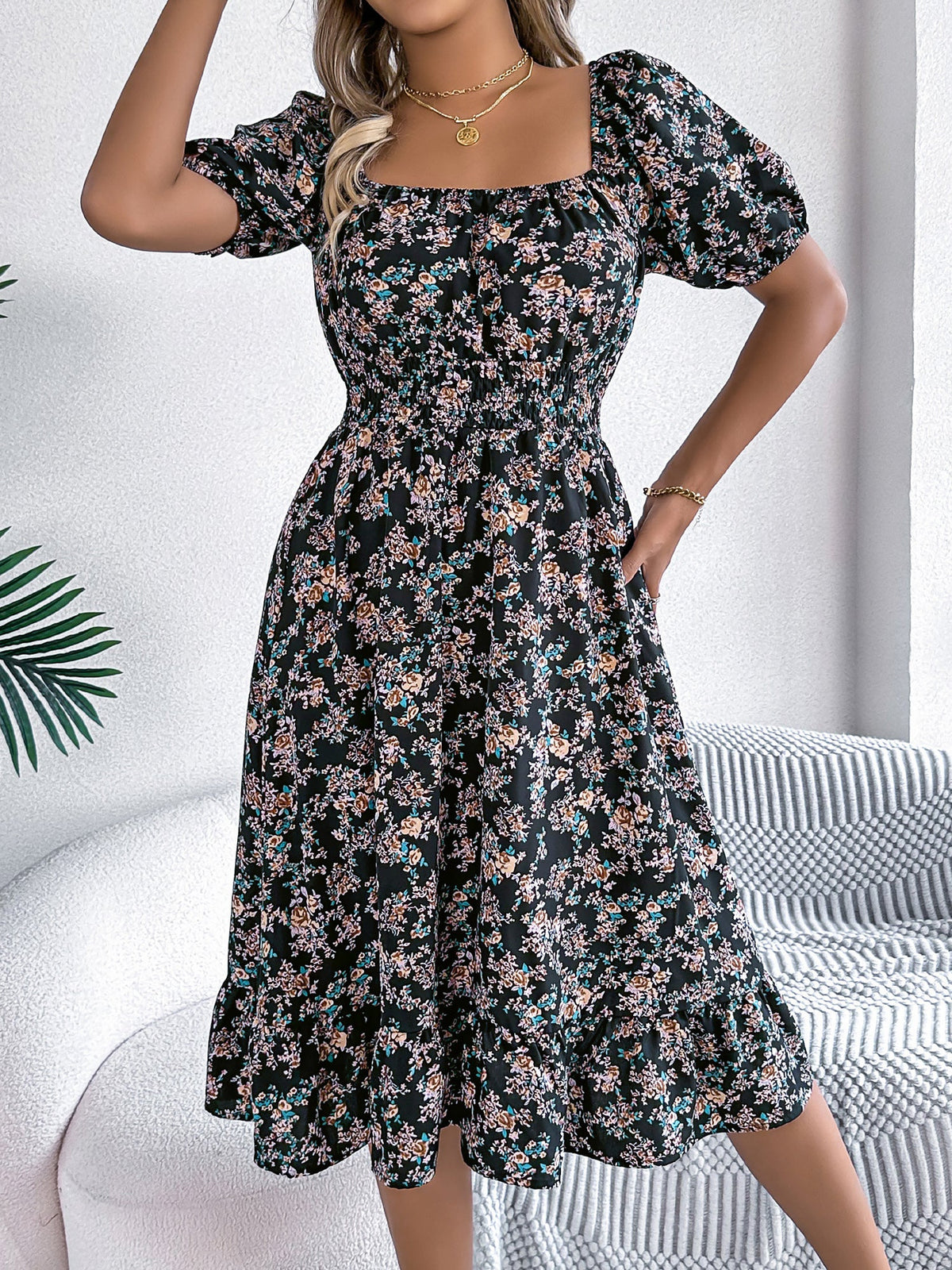 Vintage Floral & Tropical Prints Floral Off Shoulder Puff Sleeves Smocked A-Line Dress