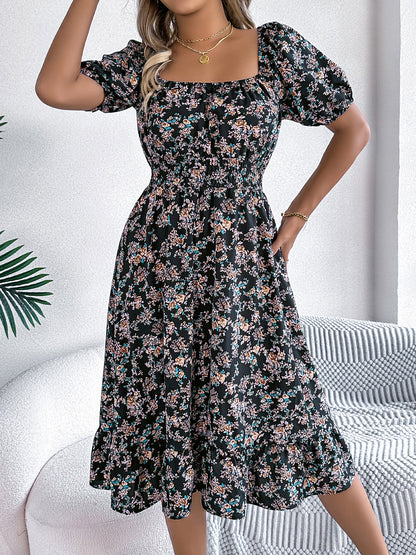Vintage Floral & Tropical Prints Floral Off Shoulder Puff Sleeves Smocked A-Line Dress