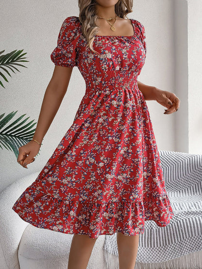 Vintage Floral & Tropical Prints Floral Off Shoulder Puff Sleeves Smocked A-Line Dress