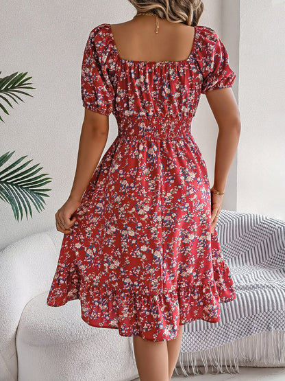Vintage Floral & Tropical Prints Floral Off Shoulder Puff Sleeves Smocked A-Line Dress