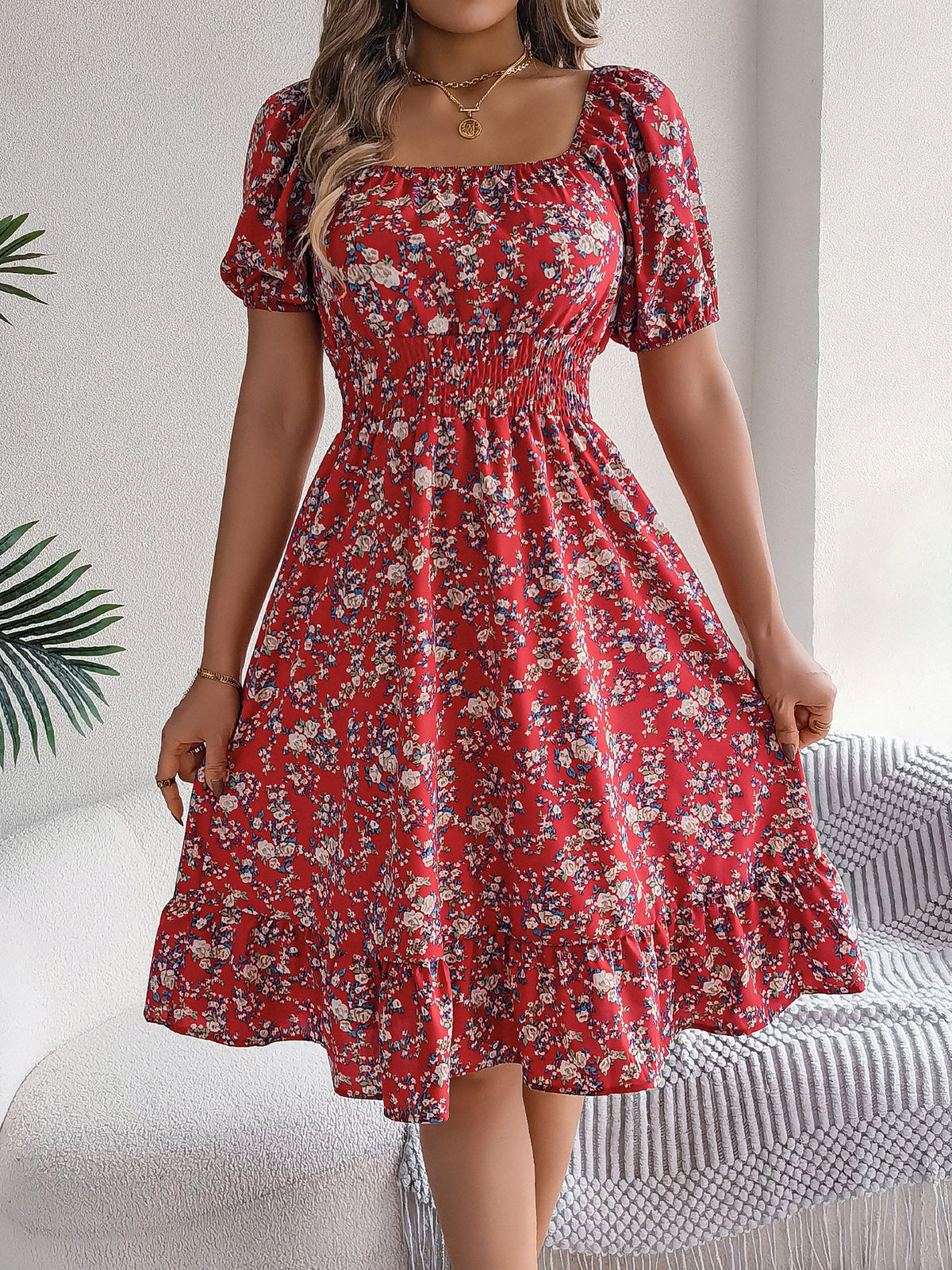 Vintage Floral & Tropical Prints Floral Off Shoulder Puff Sleeves Smocked A-Line Dress