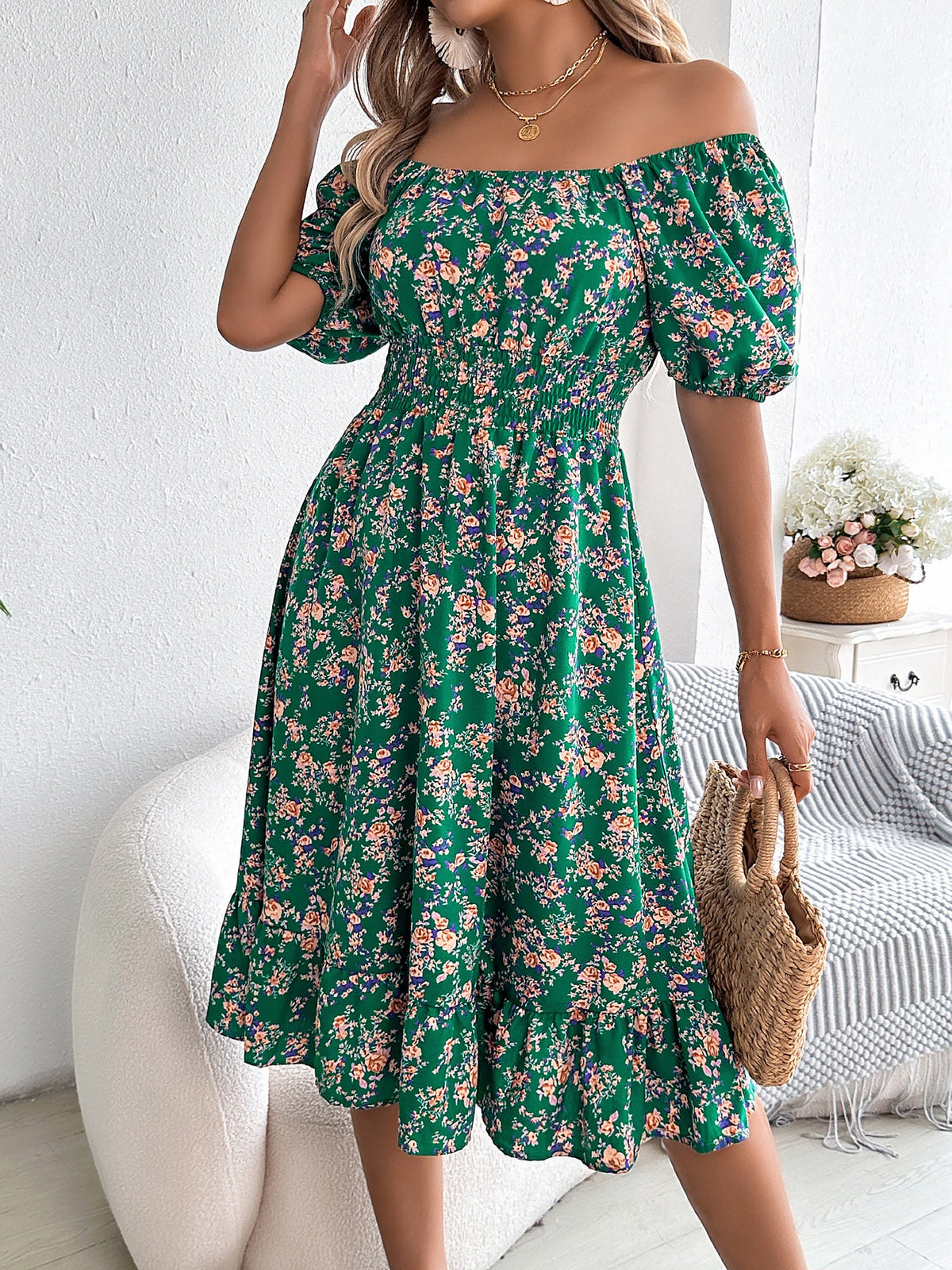 Vintage Floral & Tropical Prints Floral Off Shoulder Puff Sleeves Smocked A-Line Dress
