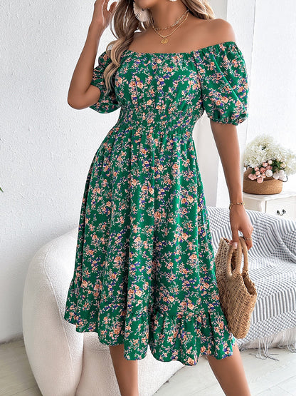 Vintage Floral & Tropical Prints Floral Off Shoulder Puff Sleeves Smocked A-Line Dress