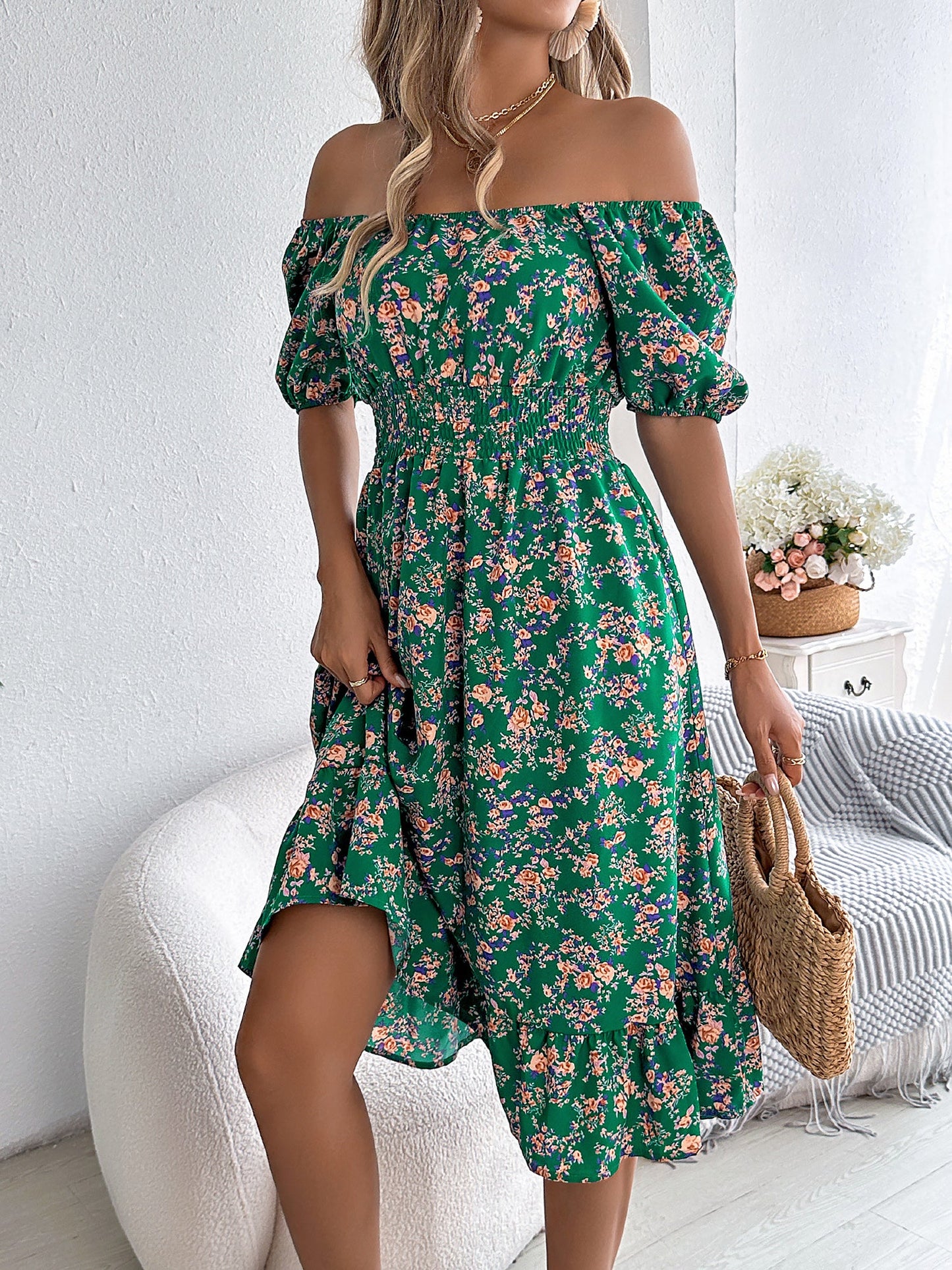 Vintage Floral & Tropical Prints Floral Off Shoulder Puff Sleeves Smocked A-Line Dress