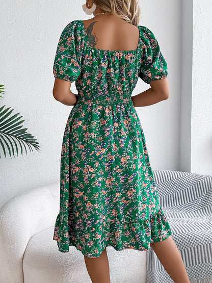 Vintage Floral & Tropical Prints Floral Off Shoulder Puff Sleeves Smocked A-Line Dress