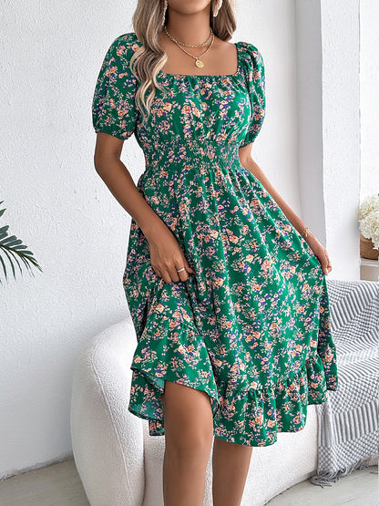 Vintage Floral & Tropical Prints Floral Off Shoulder Puff Sleeves Smocked A-Line Dress