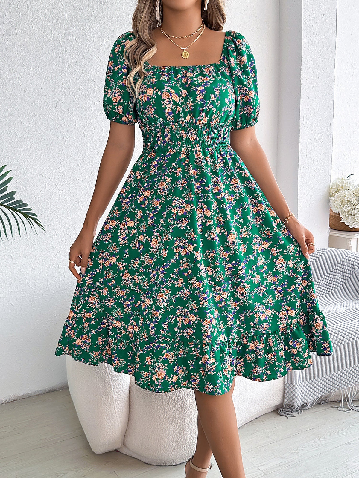 Vintage Floral & Tropical Prints Floral Off Shoulder Puff Sleeves Smocked A-Line Dress