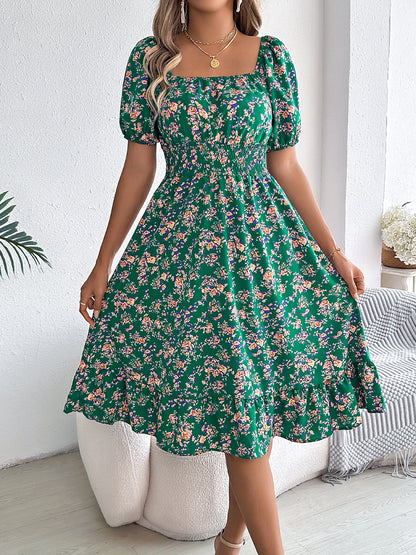 Vintage Floral & Tropical Prints Floral Off Shoulder Puff Sleeves Smocked A-Line Dress