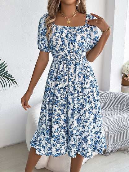 Vintage Floral & Tropical Prints Floral Off Shoulder Puff Sleeves Smocked A-Line Dress