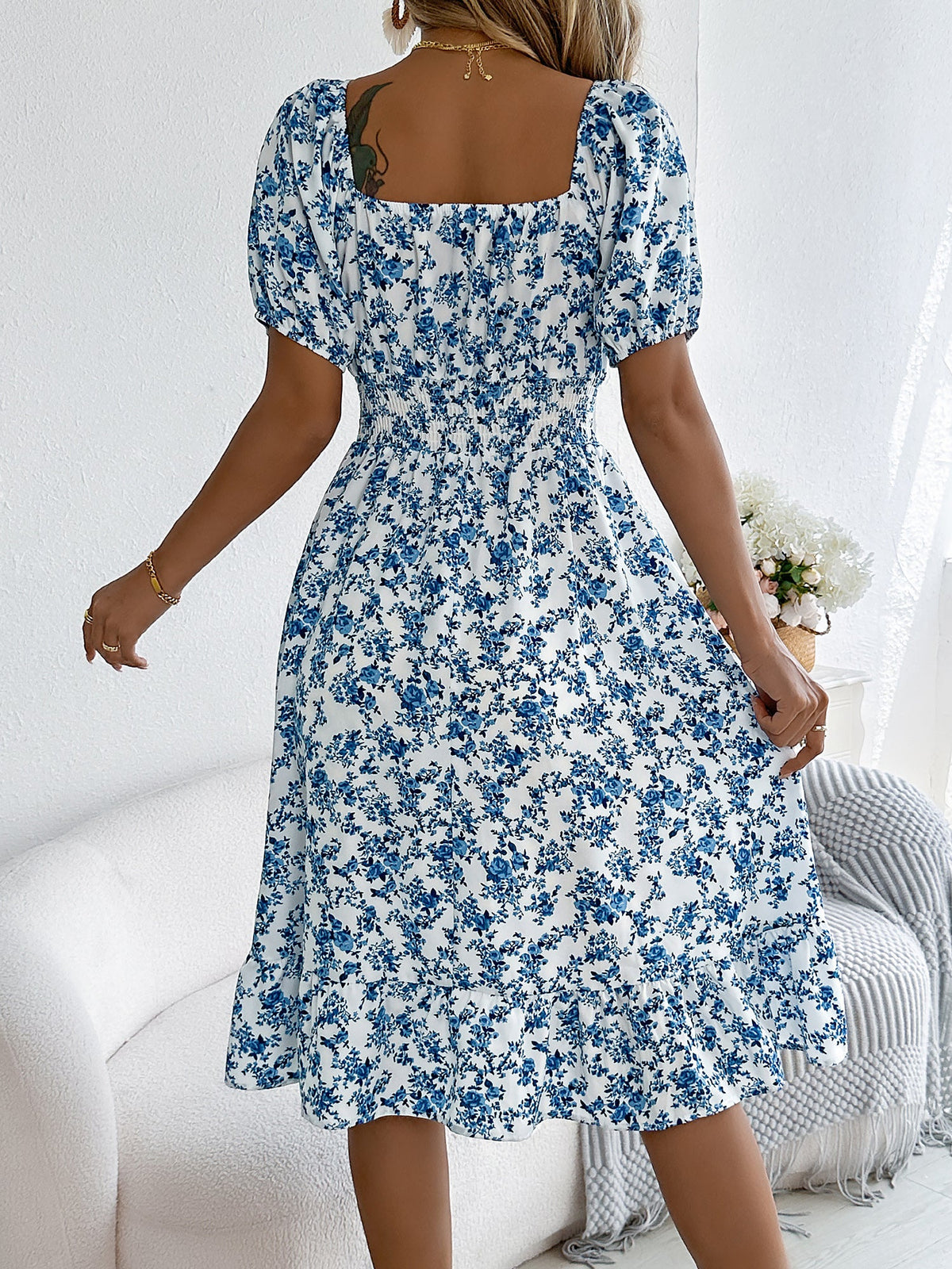 Vintage Floral & Tropical Prints Floral Off Shoulder Puff Sleeves Smocked A-Line Dress