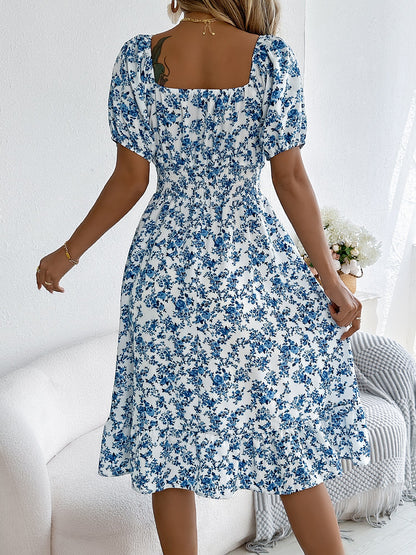Vintage Floral & Tropical Prints Floral Off Shoulder Puff Sleeves Smocked A-Line Dress