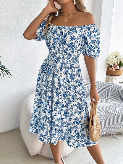 Vintage Floral & Tropical Prints Floral Off Shoulder Puff Sleeves Smocked A-Line Dress