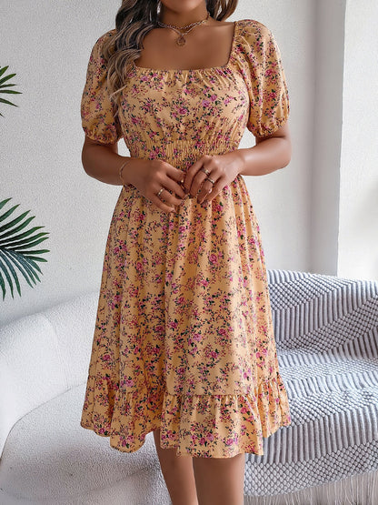 Vintage Floral & Tropical Prints Floral Off Shoulder Puff Sleeves Smocked A-Line Dress