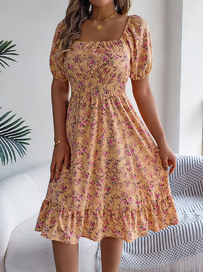 Vintage Floral & Tropical Prints Floral Off Shoulder Puff Sleeves Smocked A-Line Dress