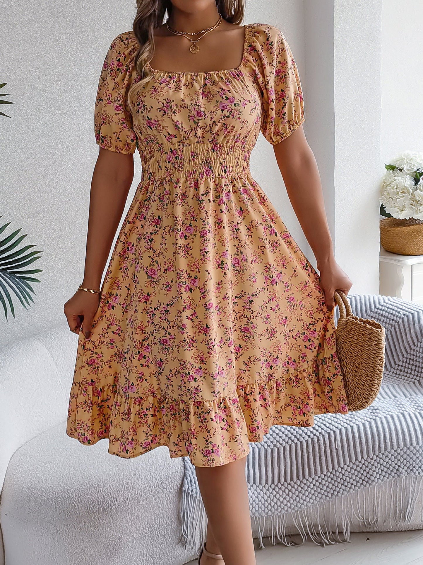 Vintage Floral & Tropical Prints Floral Off Shoulder Puff Sleeves Smocked A-Line Dress
