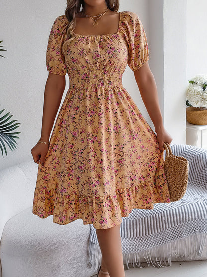 Vintage Floral & Tropical Prints Floral Off Shoulder Puff Sleeves Smocked A-Line Dress