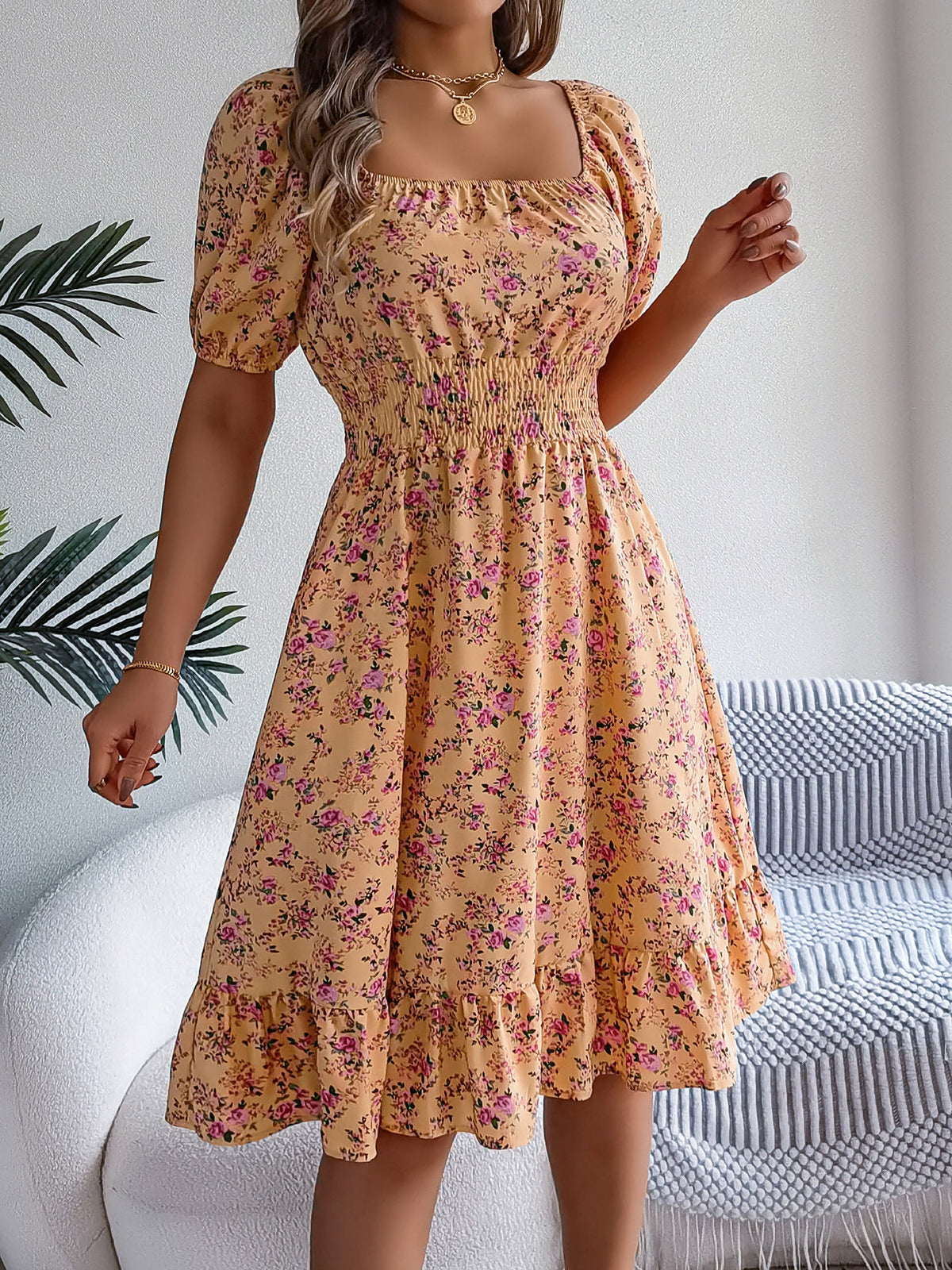 Vintage Floral & Tropical Prints Floral Off Shoulder Puff Sleeves Smocked A-Line Dress