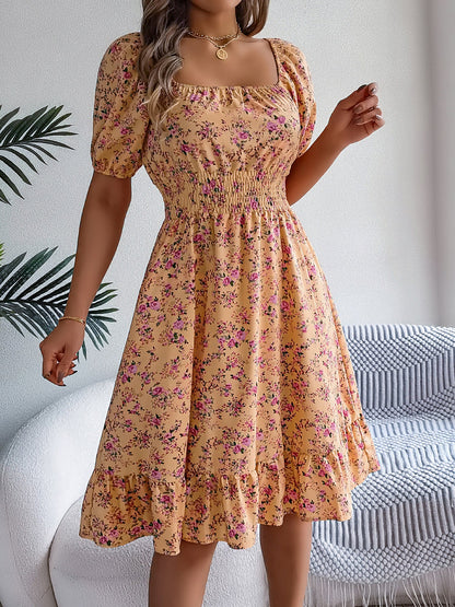 Vintage Floral & Tropical Prints Floral Off Shoulder Puff Sleeves Smocked A-Line Dress