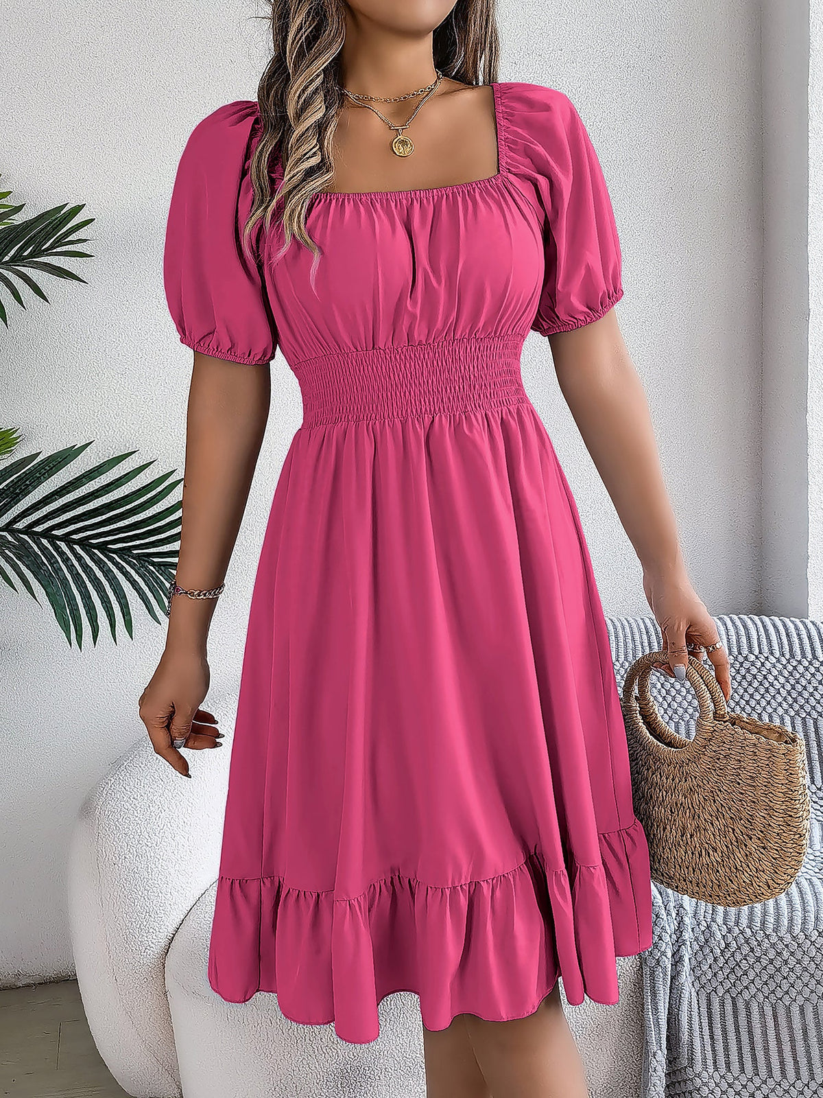 Flattering A-Line Silhouette Square Neck Puff Sleeve Smocked A-Line Midi Wedding Dress
