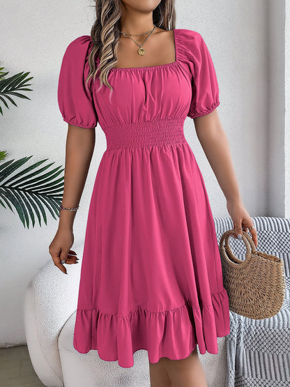 Flattering A-Line Silhouette Square Neck Puff Sleeve Smocked A-Line Midi Wedding Dress