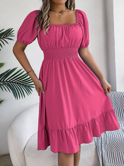 Flattering A-Line Silhouette Square Neck Puff Sleeve Smocked A-Line Midi Wedding Dress