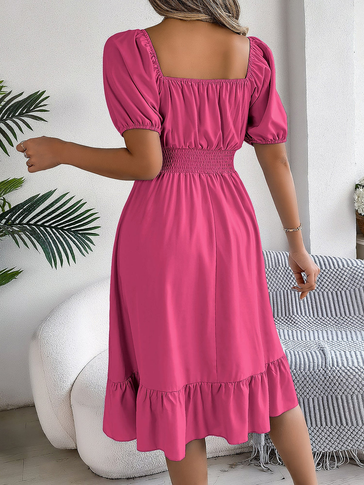 Flattering A-Line Silhouette Square Neck Puff Sleeve Smocked A-Line Midi Wedding Dress